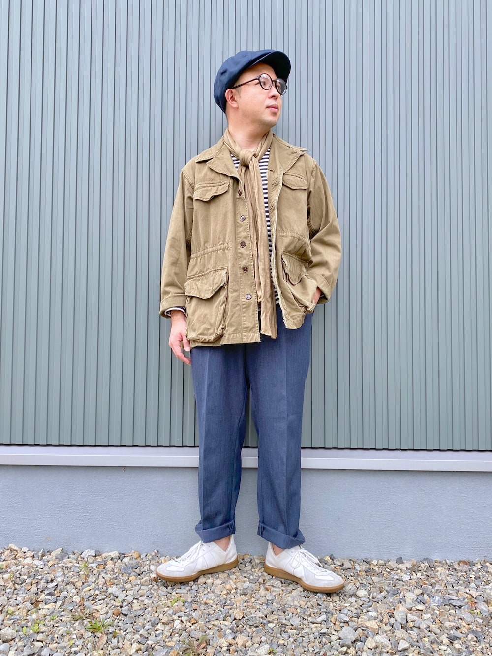 「ミリタリー、ミリタリージャケット、m47」｜「French Armyのアイテム（ミリタリージャケット、ベージュ系）」を使った、古着チャンネル by ケントさん（メンズ・163cm）の秋コーディネートの1枚目の写真