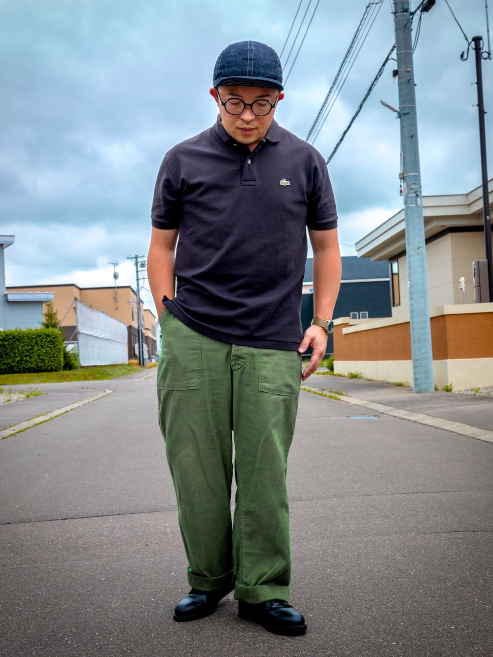 「夏コーデ、おしゃれさんと繋がりたい、休日スタイル、夏、フレラコ、ラコステ、ポストマンシューズ、レッドウィング、RED WING、ミリタリー」｜「Buzz Rickson'sのBUZZRICKSON'S / バズリクソンズ：ARMY DENIM CAP SOLID：BR02308[STD]（キャップ、ブルー系）」を使った、古着チャンネル by ケントさん（メンズ・165cm）の夏コーディネートの1枚目の写真