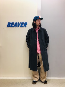 「ペインターパンツ」｜「アイテム（ステンカラーコート）」を使った、OGAWAさん（メンズ・175cm）の冬コーディネート