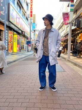 「スエット」｜「アイテム（ステンカラーコート）」を使った、OGAWAさん（メンズ・175cm）の冬コーディネート