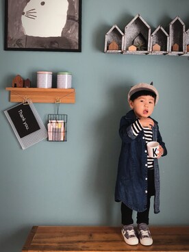 「MR（まる）のアイテム（帽子）」を使った、kanatoさん（キッズ・90cm）の冬コーディネート