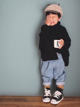 「MR（まる）のアイテム（帽子）」を使った、kanatoさん（キッズ・90cm）の冬コーディネート