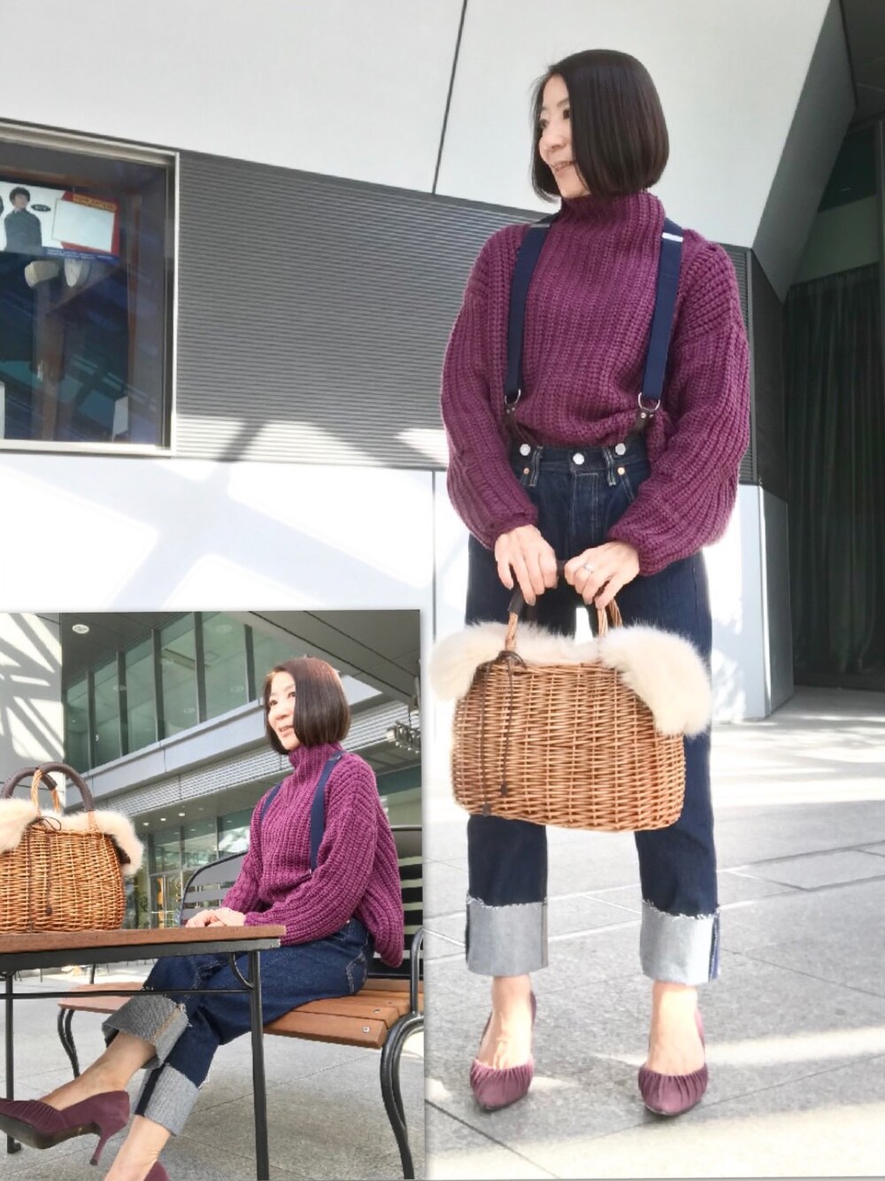 「オシャレパッソ、PASSO、PR、秋のコーデ、きれいめカジュアル、パンツスタイル、ママコーデ」｜「RETRO GIRLのアイテム（ニット/セーター、パープル系）」を使った、バンビさん（レディース・155cm）の秋コーディネートの1枚目の写真