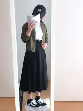 「natural couture（ナチュラルクチュール）の【natural couture NICE CLAUP】ＭＡ－１ブルゾン（ブルゾン、グリーン系）」を使った、たわしさん（レディース・153cm）の夏コーディネート