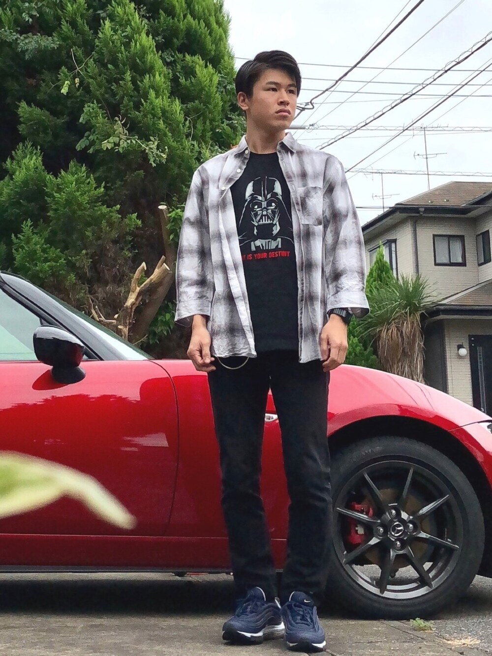 「秋コーデ、ootd、チェックシャツ、ウォレットチェーン、黒スキニー、スターウォーズ、air max 97、キレイめ、プチプラ」｜「niko and...の綿麻オンブレ七分袖シャツ【niko and ...】（シャツ/ブラウス、ホワイト系）」を使った、オレンジさん（メンズ・169cm）の秋コーディネートの1枚目の写真