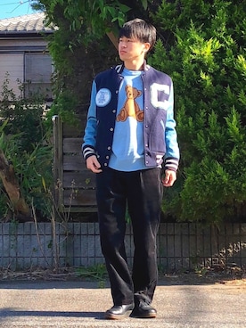 「no brand（ノーブランド）のアイテム（スタジャン）」を使った、オレンジさん（メンズ・169cm）の秋コーディネート