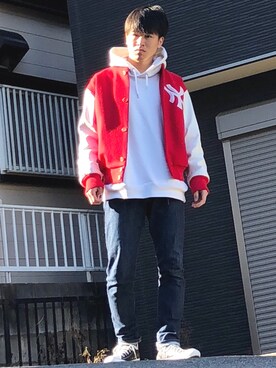 「no brand（ノーブランド）のアイテム（スタジャン）」を使った、オレンジさん（メンズ・169cm）の秋コーディネート