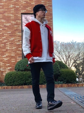 「no brand（ノーブランド）のアイテム（スタジャン）」を使った、オレンジさん（メンズ・169cm）の冬コーディネート