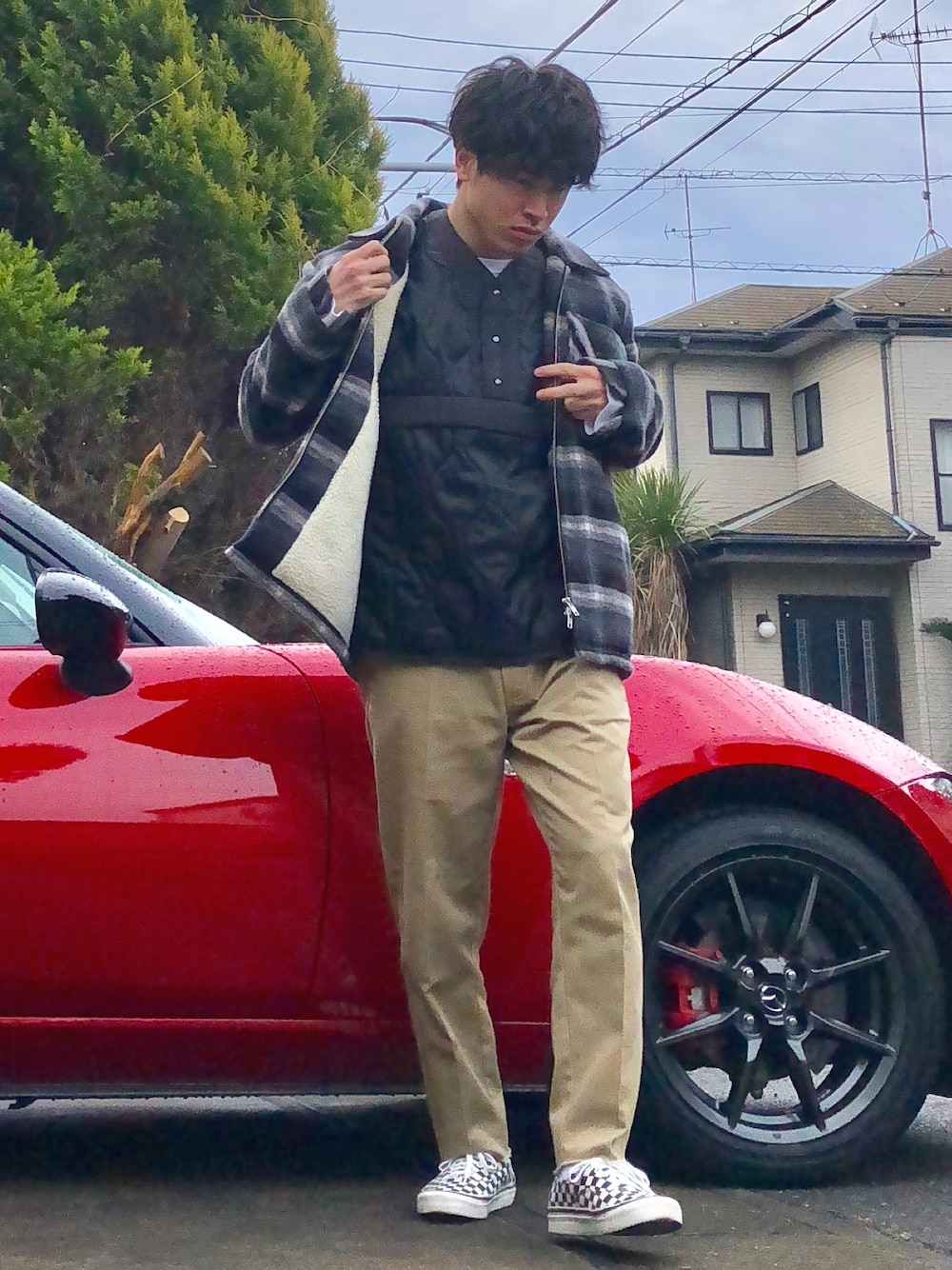 「ストリート、オーバーサイズ、ベージュ、チノパン、チェック、ドリズラージャケット、Dickies、チェッカーフラッグ、キルティング、インナーダウン」｜「SEVENDAYS=SUNDAYのS.JOHNS チェックジップジャケット（カバーオール、ブラック系）」を使った、オレンジさん（メンズ・169cm）の冬コーディネートの1枚目の写真