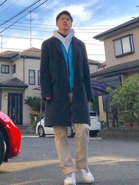 「ストレートパンツ」｜「アイテム（チェスターコート）」を使った、オレンジさん（メンズ・169cm）の冬コーディネート