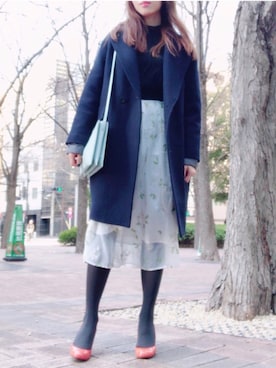 「フラワープリント」｜「アイテム（チェスターコート）」を使った、みおさん（レディース・151cm）の春コーディネート