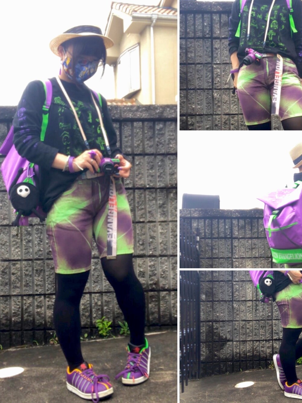 「オタク、アニメ、エヴァンゲリオン、ハーフパンツ、スニーカー、kswiss、パンツスタイル、雨の日コーデ」｜「RADIO EVAのアイテム（デニムパンツ、パープル系）」を使った、SAKIEL@アニメ服さん（レディース・147cm）の夏コーディネートの1枚目の写真