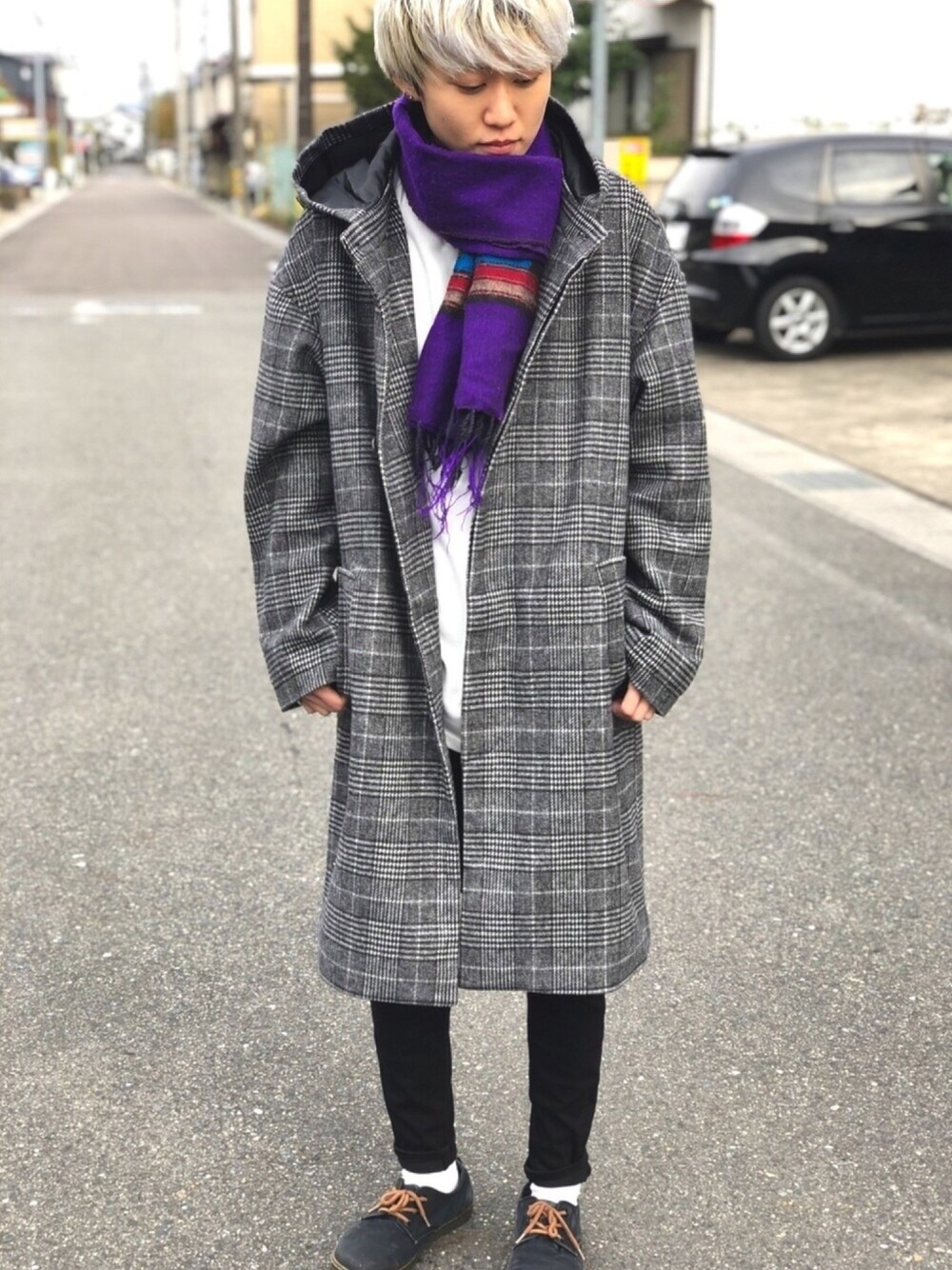 「年末WEAR感謝祭、大人カジュアル、冬コーデ、グレー、チェック、フーデットコート、スキニーパンツ、GU、マフラー」｜「GUのアイテム（パンツ、ブラック系）」を使った、chipi1015さん（レディース・160cm）の冬コーディネートの1枚目の写真