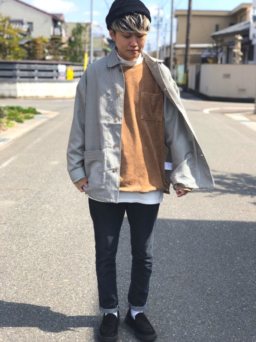 「カバーオール、はるコーデ、ベロア、ブラウン、デニムパンツ、GU、Nylaus、フィッシャーマンキャップ」｜「RAGEBLUEのアイテム（トップス、ブラウン系）」を使った、chipi1015さん（レディース・160cm）の春コーディネートの1枚目の写真