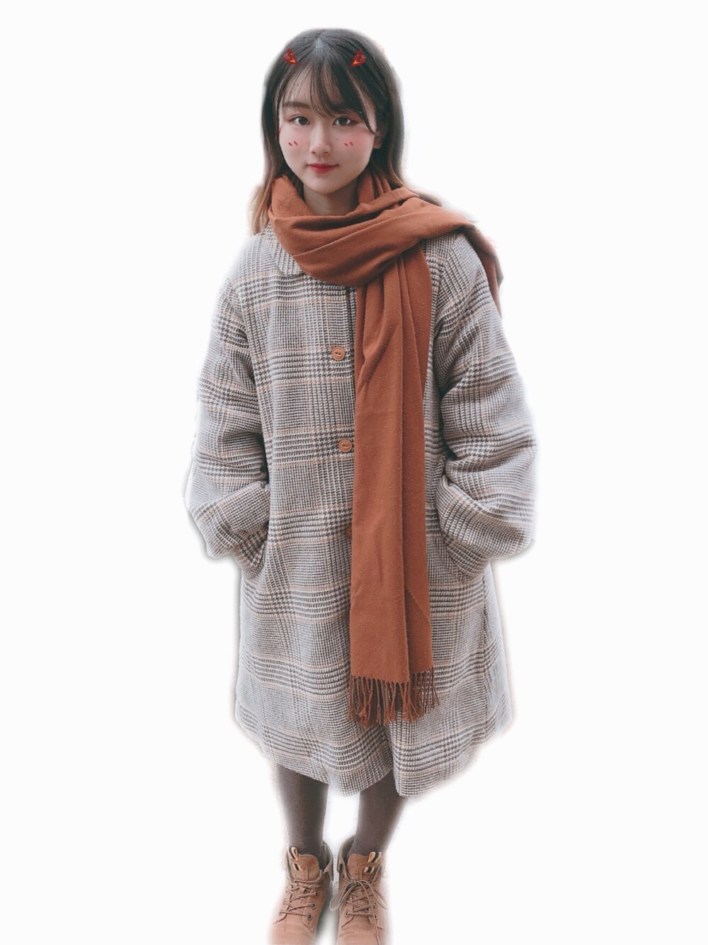 「merry jenny」｜「merry jennyのチェックステンカラーAラインコート（ステンカラーコート、ベージュ系）」を使った、momokooさん（レディース・155cm）の冬コーディネートの1枚目の写真