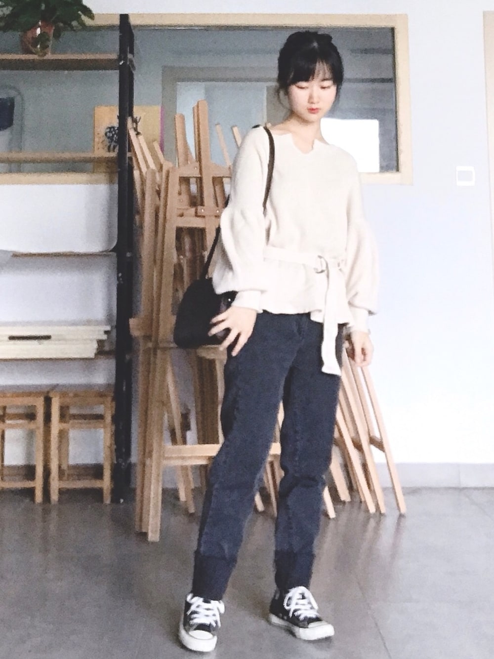 「Another Edition、nano・universe」｜「Another Editionの【一部予約】ワッフルキーネックベルト付PO（Tシャツ/カットソー、ベージュ系）」を使った、momokooさん（レディース・155cm）の秋コーディネートの1枚目の写真