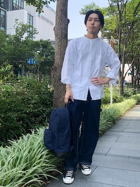 「アイテム（バックパック/リュック、ブルー系）」を使った、一谷さん（メンズ・174cm）の夏コーディネート