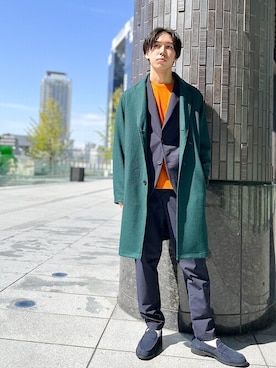 「アイテム（チェスターコート）」を使った、一谷さん（メンズ・174cm）の秋コーディネート