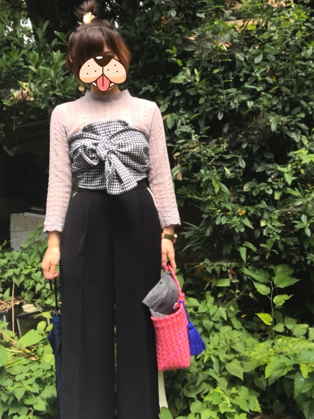 「楽チンコーデ、ビスチェ、パンツスタイル、サンダル、レース、シルバー、かごバッグ、ピンク、おしゃれさんと繋がりたい」｜「SpRayの【WEB限定】ギンガムリボンビスチェ（その他トップス、ブラック系）」を使った、hanaco ‪✾‬さん（レディース・156cm）の夏コーディネートの1枚目の写真