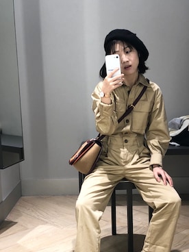 「アイテム（つなぎ/オールインワン、ベージュ系）」を使った、xo酱さん（レディース・151cm）の春コーディネート
