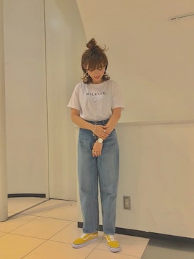 「MILKFED.（ミルクフェド）のS/S TEE LINE HEART（Tシャツ/カットソー）」を使った、佐藤 麻理さん（レディース・163cm）の春コーディネート