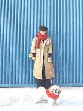 「アイテム（トレンチコート、グリーン系）」を使った、Kazumiさん（レディース・165cm）の冬コーディネート