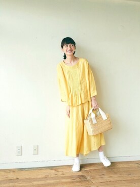 Kazumiさんの「MUUN　2WAYストライプ巾着スクエアかごバッグ」を使ったコーディネート