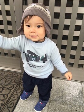 「sense of wonder（センスオブワンダー）のアイテム（帽子）」を使った、KOU-kunさん（キッズ・70cm）の秋コーディネート