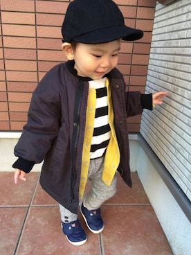 「combimini（コンビミニ）のアイテム（パンツ）」を使った、KOU-kunさん（キッズ・70cm）の冬コーディネート