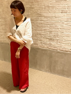 「CIAOPANIC（チャオパニック）の切替ベイカーパンツ（その他パンツ、レッド系）」を使った、つねさん（レディース・152cm）の秋コーディネート