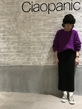 「CIAOPANIC（チャオパニック）のソフトラム片畦ビッグプルオーバー（ニット/セーター、パープル系）」を使った、つねさん（レディース・152cm）の秋コーディネート