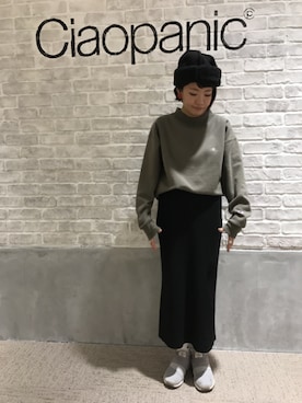 「CIAOPANIC（チャオパニック）のスリット入りニットタイトスカート（スカート、ブラック系）」を使った、つねさん（レディース・152cm）の秋コーディネート