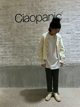 「CIAOPANIC（チャオパニック）の度詰めビッグプルオーバー（Tシャツ/カットソー、ホワイト系）」を使った、つねさん（レディース・152cm）の冬コーディネート