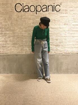 「CIAOPANIC（チャオパニック）のコットンシルクヘンリーネックプルオーバー（ニット/セーター、グリーン系）」を使った、つねさん（レディース・152cm）の冬コーディネート