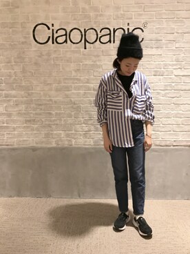 「CIAOPANIC（チャオパニック）のドビーストライプシャツ（シャツ/ブラウス、ホワイト系）」を使った、つねさん（レディース・152cm）の春コーディネート