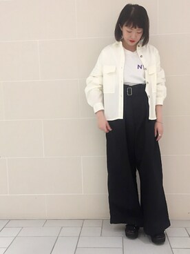 「CIAOPANIC（チャオパニック）の綿ツイルフラップポケット付きシャツ（シャツ/ブラウス、ホワイト系）」を使った、つねさん（レディース・152cm）の春コーディネート