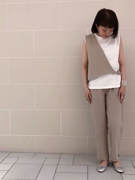 「CIAOPANIC（チャオパニック）のリネンビスチェ付プルオーバー（Tシャツ/カットソー、ベージュ系）」を使った、つねさん（レディース・152cm）の春コーディネート