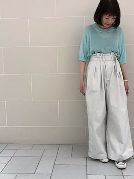 「CIAOPANIC（チャオパニック）のシアーニット半袖プルオーバー（ニット/セーター、ブルー系）」を使った、つねさん（レディース・152cm）の春コーディネート