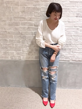 「CIAOPANIC（チャオパニック）のオーバーサイズワッフル2WAYプルオーバー（Tシャツ/カットソー、ホワイト系）」を使った、つねさん（レディース・152cm）の夏コーディネート