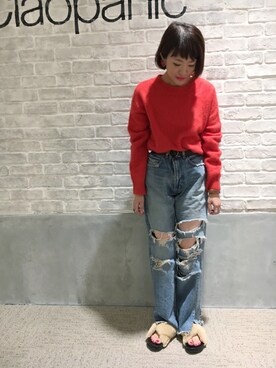 「CIAOPANIC（チャオパニック）のラクーンクルーネックプルオーバーニット（ニット/セーター、オレンジ系）」を使った、つねさん（レディース・152cm）の秋コーディネート