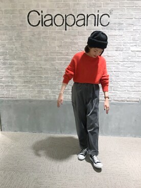 「CIAOPANIC（チャオパニック）のラクーンクルーネックプルオーバーニット（ニット/セーター、オレンジ系）」を使った、つねさん（レディース・152cm）の秋コーディネート