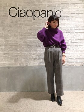 「CIAOPANIC（チャオパニック）のラクーンハイネックプルオーバー（ニット/セーター、パープル系）」を使った、つねさん（レディース・152cm）の秋コーディネート