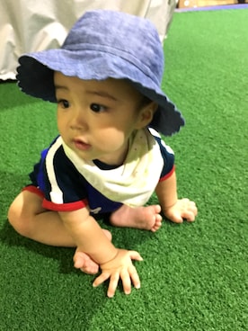 「アイテム（スタイ/よだれかけ、グリーン系）」を使った、こうたろうさん（キッズ・70cm）の夏コーディネート