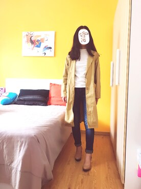 「w closet（ダブルクローゼット）のアイテム（チェスターコート、ベージュ系）」を使った、baoxiaodiさん（レディース・162cm）の春コーディネート
