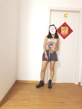 「BROWNY（ブラウニー）のアイテム（ブーツ、ブラック系）」を使った、baoxiaodiさん（レディース・162cm）の夏コーディネート