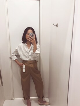 「GU（ジーユー）のアイテム（シャツ/ブラウス、ホワイト系）」を使った、baoxiaodiさん（レディース・162cm）の夏コーディネート