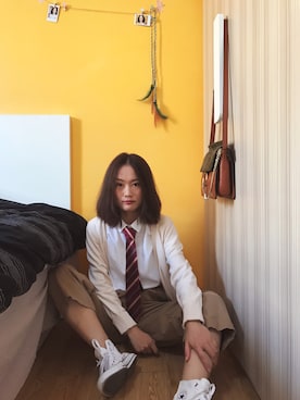 「UNIQLO（ユニクロ）のアイテム（アンサンブル、ベージュ系）」を使った、baoxiaodiさん（レディース・162cm）の秋コーディネート