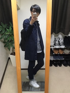 「MANUAL ALPHABET（マニュアル アルファベット）のアイテム（ステンカラーコート）」を使った、bossさん（メンズ・177cm）の秋コーディネート