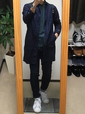 「MANUAL ALPHABET（マニュアル アルファベット）のアイテム（ステンカラーコート）」を使った、bossさん（メンズ・177cm）の秋コーディネート