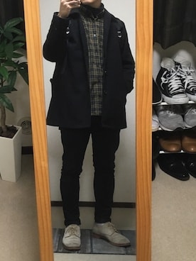 「スエードシューズ」｜「アイテム（ステンカラーコート）」を使った、bossさん（メンズ・177cm）の秋コーディネート